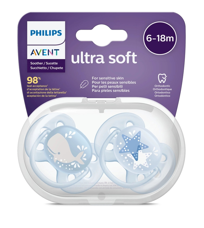 Philips Avent 飛利浦 特柔軟安撫奶咀 6~18月 (連消毒盒) 男仔